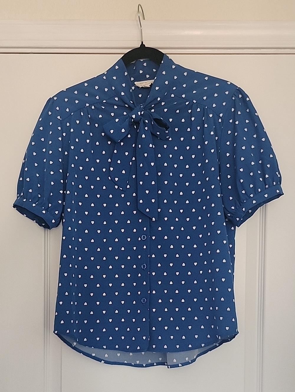Blue Heart-Print Tie-Neck Blouse - Picture 1 of 5